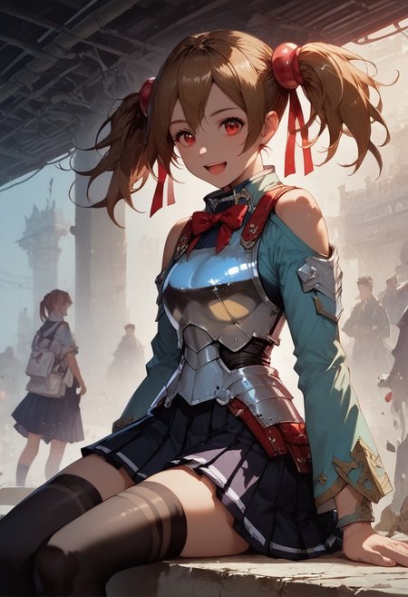 score_9, score_8_up, score_7_up, 1girl, silica, solo, skirt, brown hair, open mouth, red eyes, thighhighs, breastplate, twintails, white background, black skirt, pleated skirt, armor, smile, ribbon, skirt, thighhighs, breastplate, black skirt, pleated skirt, armor,, black thighhighs, rminiskirt, bus stop, public place nighttime vibrant lighting, street lights, high contrast, dramatic shadows, highly detailed, detailed skin, depth of field, tilted angle, moody lighting, exy pose,professional lighting, perfect quality, high quality, photorealistic, sitting,  (((supermodel))),((goddess))