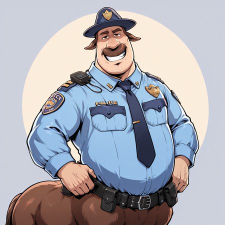 coltbronco, centaur, solo, police uniform, necktie, police hat, police badge, walkie-talkie, looking at viewer, covered mouth, cowboy shot, hands on belt, smirk