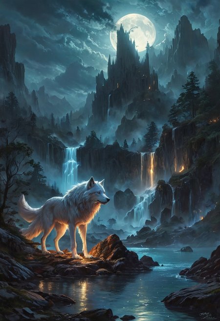 Under the eerie glow of a blue crescent moon,a dark and ominous landscape unfolds. A vibrant, a glowing white wolf stands by the edge of a serene lake, howling, its vivid hues contrasting starkly with the foreboding atmosphere. In the background,a waterfall cascades down jagged rocks,the water glistening in the moonlight. Thick,swirling clouds loom overhead,adding to the sense of an evil presence. The moonlight filters through the clouds,casting an otherworldly glow over the scene. The air is thick with mysticism,as if the very night holds ancient secrets and dark magic.  [romantic impressionism,dream scenery art,beautiful oil matte painting,romantic,style of thomas kinkade,beautiful digital painting,anime landscape,romantic painting,dreamlike digital painting,colorful painting,beautiful gorgeous digital art,style of greg rutkowski,janek sedlar,jenny saville:0]  <lora:vivid_everclear:0.35>  <lora:Sinozick:0.35>  <lora:MJ52:0.35>