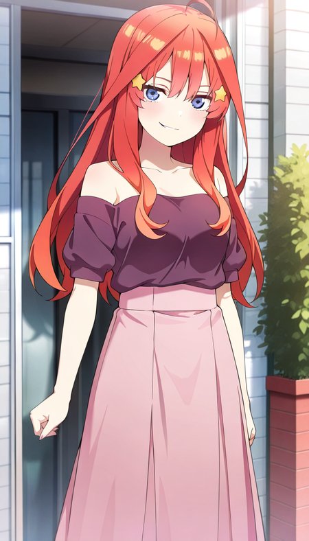 masterpiece, best quality, very aesthetic, absurdres,
solo, 1girl,

itsuki, blue eyes, hair between eyes, red hair, long hair, star hair ornament,

smirk,

skirt, shirt, pink skirt, long skirt, purple sweater, short sleeve, bare shoulders, collarbone, strapless,

outside,
