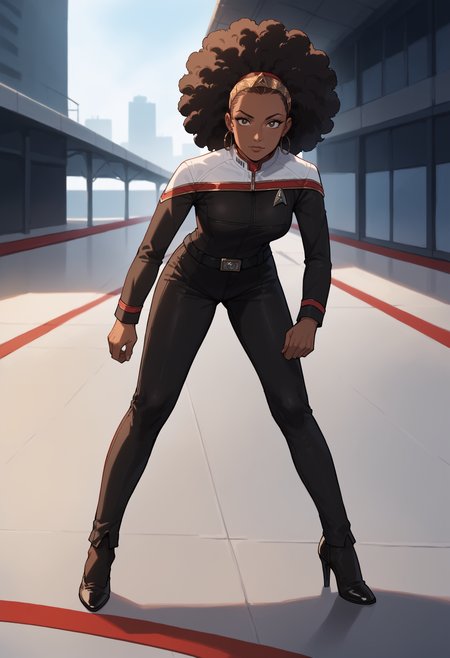 core_9, score_8_up, score_7_up, score_6_up, 1girl,dark skin,african,on a  runway,posing,stuning,afro,high heels,
toddunf,star trek uniform,black jumpsuit,white shoulders
,<lora:STOdysPony>