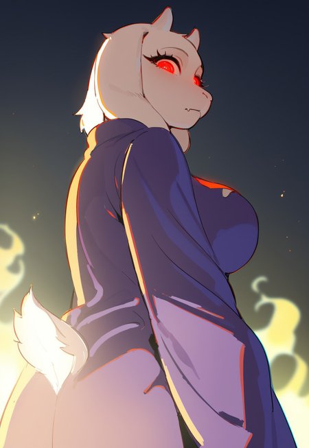 chromatic aberration, outline, score_9, score_8_up, score_7_up, source_anime, hi res, no light, masterpiece, best quality, highres, Lico_PS, white outline, silhouette:0.8, very beautiful, toriel, backlighting, in front of large gate, (white fur), ((fluffy:0.8)), shadows, slight frown, monochrome, looking over shoulder, (perfect eyes:1), red eyes, (glowing eyes), eerie, from below, back turned to viewer, showing back, white flames, fire from hands, fire 