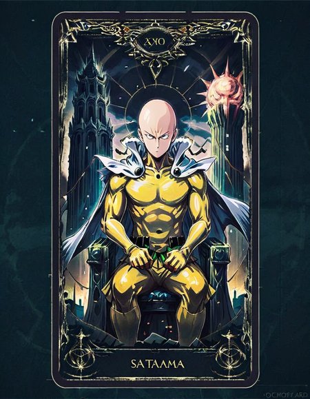 In this Tarot card, Saitama from 'One Punch Man' embodies 'The Emperor.' His unimpressed, stoic face contrasts with the grandeur of his throne, symbolizing authority, structure, and solid foundations, with a cityscape in the background <lora:edrtcard:0.7>