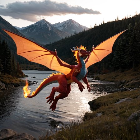 score_9, score_8_up, score_7_up, score_6_up, score_5_up, score_4_up, rating_safe,zPDXL2,mydaz,solo,dragon,wings,breathing fire,tail,outdoors,lake,flying,  <lora:MydazExpanded:1>