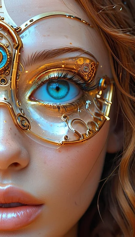 Close-up gorgeous girl face , cute, bang, freckles, striking turquoise large eyes, aligned eyes, mirror eyes, (half smile),
BREAK,
(wearing transparent sci-fi Venetian Mask with intricate very detailed gold filigree), (thin detailed gold filigree), curly ginger hair, braid,
long lashes, trendy portrait, sci-fi style, sci-fi mechanisms, lens,
tender Aesthetic nose, Aesthetic chin, ears, puffy lips, sensual lips, detailed texture, detailed eyes, detailed skin, clean skin,
<lora:Someplastic:1>, (ultra sharp focus:1.8), (detailed skin:1.8), (thin lines:1.8), (best quality:1.8),
<lora:Apparatus_-_Traction_City_Walkers_Vehicles:0.7>,
<lora:add-detail-xl:1> (ultra sharp focus:1.8), (detailed skin:1.8), (thin lines:1.8), (best quality:1.8),
<lora:glowneon_xl_v1:0.8>