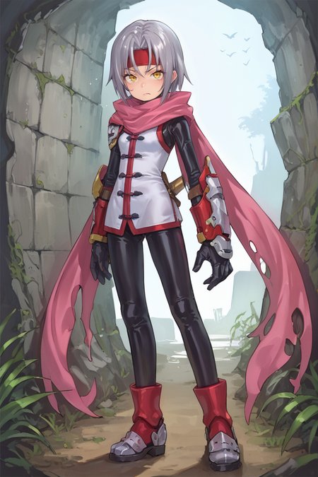 score_9, score_8_up, score_7_up, score_6_up, source_anime, BREAK, <lora:Zilva:0.6> , zildef, 1girl, short hair, grey hair, yellow eyes, red headband, mask, scarf, pink scarf, white sweater vest, white shirt, bodysuit, black bodysuit, bodysuit under clothes, (single gauntlet), black gloves, sheathed, red sock, armored shoes, looking at viewer, serious expression, closed mouth, full body, <lora:detailed_backgrounds_v2:0.6> , masterpiece, best quality, very aesthetic, absurdres, forest, ruins, outdoors, nature, blue sky,   <lora:2024_PandoraBox_V1:0.7> , P4ndora_PS,