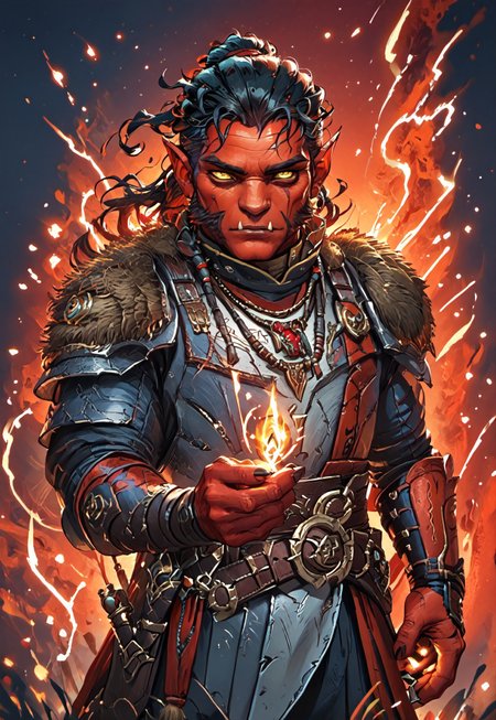 ((zPDXL3)), ((masterpiece,best quality, highly detailed)), ((score_9)), score_8_up, score_7_up, score_6_up, score_5_up, score_4_up, Digital painting style, brushstrokes, ((EnhanceImage)), solo, 1boy, Hobgoblin, red skin, yellow eyes, fangs, big nose, mutton chops, black hair, armor, pauldrons, belt, necklace, muscular,
Expressiveh, 30yo, 
chinese magical sorceress, animated, swirling magic, wisps of magic, magical accessories, evoking motion, conveying motion, dynamic splash art, ((handfixer)), four fingers, one thumb, 
<lora:PainterlyFantasiaPDXL:0.6>,