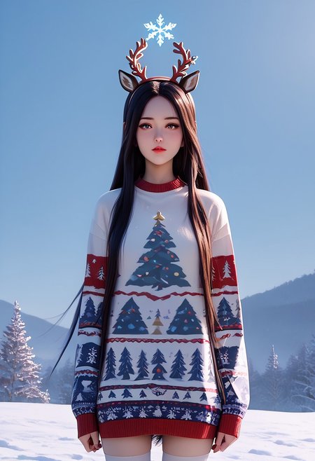 score_9, score_8_up, score_7_up, score_6_up, score_5_up, score_4_up, masterpiece, ultra-detailed, high resolution,
christmas_sweater,chuxue, Demon，
a girl with deer antlers and ears, wearing a white Christmas sweater and stockings, super long hair, standing in the snowfield with snowflakes falling, creating a beautiful and dreamy scene.