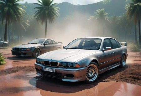 BMW e39 3, scratches, rainbow dust, fog, dirt, very beautiful, car on the island, by the fire, against the backdrop of a palm tree, the car is covered in mud and creaks, water on the ground, 3d rendering, cyberpunk, car with an American sports cars, street racing, perfect image, vibrations, game asset , symmetrical, tuner, modified car, wide body, tram, street racing, 4k, modding culture, photorealistic, high detail, game ready, other car racing, city life