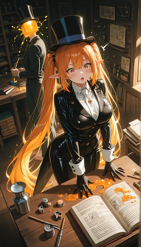 elf, Bird's eye view, masterpiece, newest, polarized, anime character, leather cover cutting, ambient occlusion, RTX, gaze directed upwards, white_tie, 8K, literary creation, depth of field, glue preparation area, knowledge preservation methods, 1girl, 1boy, light skin, commissioned project storage, amazing quality, absolutely eye-catching, quality inspection lighting, nail_polish, ultra-detailed, tailcoat, twintails, decorative finishing tools, motion_blur:1.1, page alignment station, absurdres, Startled expression (Sudden surprise/fright), best quality, book binder's workshop, BREAK, slime, top_hat, gloves, Cyan Theme, large breasts, barefoot, manuscript assembly table, motion_lines:1.1, warm light, magic glowing aura, very aesthetic, Balayage hair, BREAK, standing, looking_up - Head tilted back, very long hair
