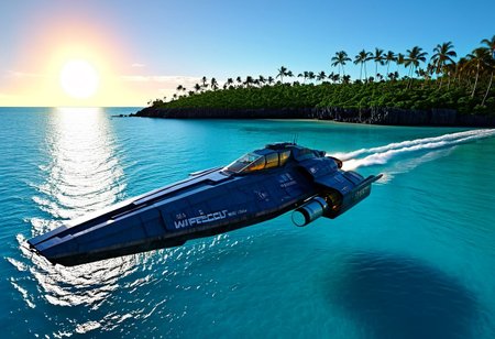 a dark blue (WipEout anti-gravity craft), (split-front:1.3),  flare, that has landed in the waters of a lagoon, floating in the sea, tropical island, blue sky, sunset, sharp, high detailed, realistic, sleek, scifi