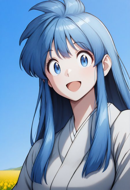 smile,  
okinu-chan, blue eyes, blue hair, sidelocks, long hair, japanese clothes, long sleeves,<lora:gs_okinu-chan_illustrious_ver1:0.8>, masterpiece, best quality, general,, 1girl, solo, (field:1.2), (blue sky:1.2), looking at viewer,, (upper body:1.2), (close-up:1.2), (facing viewer:1.2), (open eyes:1.4), (portrait:1.2)