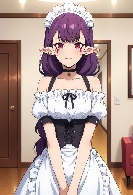 anime screencap, masterpiece, best quality,
<lora:SoloLeveling_EsilRadiru_IlluXL:0.9>,
1girl, solo, closed mouth, smile, fang out, blush,
single braid, long hair, purple hair, red eyes, facial mark, pointy ears, earrings,
maid, maid headdress, black choker, off-shoulder dress, white dress, black corset, puffy short sleeves, waist apron, white apron,
v arms, standing, looking at viewer, 
indoors, living room, blurry background