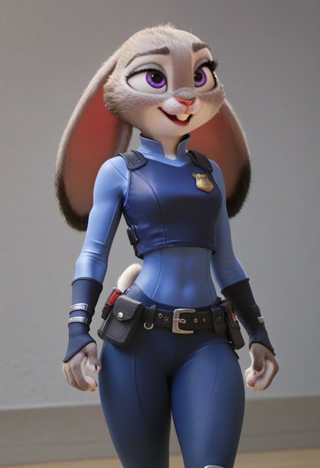 score_9, score_8_up, score_7_up, score_6_up,1girl,solo,masterpiece,easynegative,Expressiveh,hoppsJudyzt, anthro, female, bunny, grey fur, purple eyes, rabbit ears, rabbit tail, rabbit girl, buck teeth,zpd uniform, dark blue pants, blue shirt, belt, belt pouch, dark blue vest, badge, toeless blue footwear, blue Workout Bodysuit