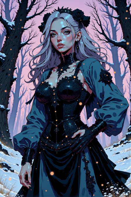 <lora:Fancha_style_v.5:0.8> Fancha style. A richly atmospheric comic style rendering comes alive with dramatic contrasts and intricate details. The woman at the center is a hauntingly beautiful figure, her presence exuding both mystique and power. Her long, flowing hair, streaked with icy silver and soft lavender tones, frames her pale, ethereal face. Sharp, expressive lines emphasize her piercing eyes, glowing faintly with a golden hue against the soft blues and purples of the snowy backdrop. A single tear-shaped mark beneath her eye, rendered in deep black, adds an emotional depth to her character. Her gown is a masterpiece of gothic elegance, drawn with intricate lacework and bold, dark textures. The corset features swirling floral patterns etched in sharp contrast, accentuating her hourglass figure. A sheer, flowing veil cascades from her head, its delicate edges adorned with lace, catching the faint glow of the snow and swirling in the wind like wisps of shadow. Layers of her flowing sleeves and fabric are rendered in deep black, punctuated with subtle highlights to create a sense of movement and depth. The background is composed of towering, mist-shrouded trees, sketched in soft purples and grays to create a dreamy, wintry atmosphere. Flurries of snow are drawn as bold, white flecks that contrast with the darker tones of her attire, adding an almost magical vibrancy to the scene. The subtle shading and muted colors of the forest recede into the distance, drawing the viewerâs focus to her striking form. The composition is heightened with bold, ink-like outlines and carefully placed highlights, evoking a dramatic gothic tale frozen in time. The interplay of shadowy details and luminous accents creates a compelling visual that feels both haunting and enchanting, perfectly suited for the gothic comic style.