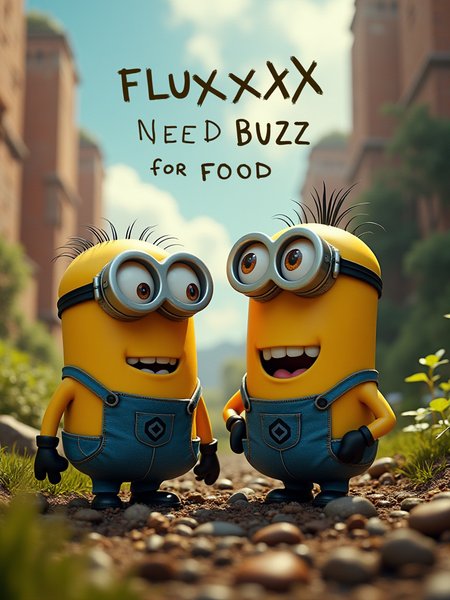 A quote "FLUXXXX" on top of image and  "NEED BUZZ FOR FOOD" on the bottom of image in bold text using Arial and Verdana fonts, image is of two minions growing in a chaotic land