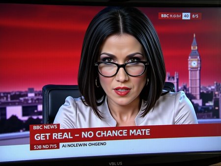 A HDTV screen capture of Susanna_Reid sat behind a news desk as a news anchor presenting the news from the BBC Newsroom. She is wearing a silver blouse and looking over the top of her glasses, making direct eye contact with a seductivelook.  The TV overlay says "BBC NEWS", and the headline states "GET REAL - NO CHANCE MATE". Detailed skin, female focus, intense <lora:seductive-look:0.9><lora:Susanna_Reid:1><lora:BBC_Newsroom_Flux:0.85> <lora:TextimproverV0.4:0.4> aidmatextimprover,