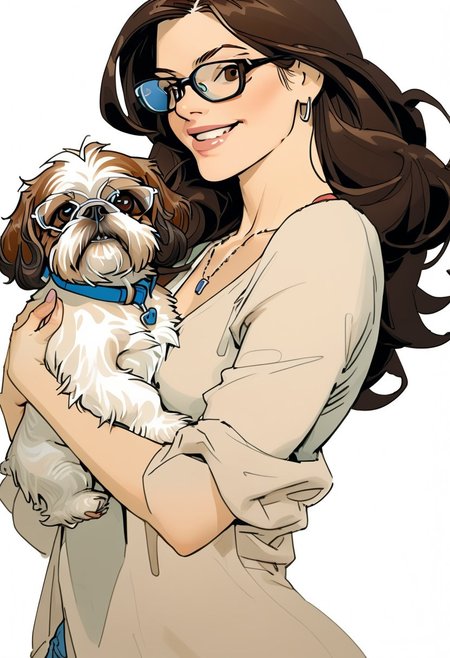 NijiEX style illustration. Close up of a girl holding a shih tzu in her arms, glasses. Long flowing brown hair, brown eyes.Style by Masamune Shirow.