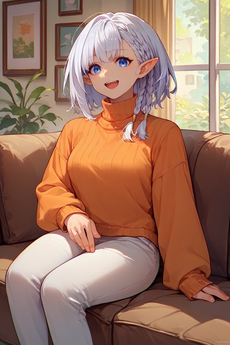 score_9, score_8_up, score_7_up, score_6_up, source_anime, 1girl, solo  <lora:beta-pdxl-nvwls-v1-000005:1> beta, white hair, braid, pointy ears, orange sweater, turtleneck, breasts, white pants, happy, looking at you, open mouth, living room, couch, sitting