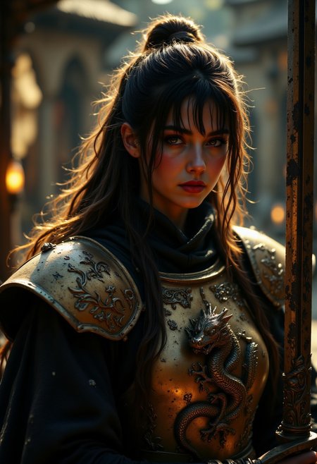 R3alisticF, oriental warrior woman, long tousled hair, bangs, sidelocks, dark eyeshadow, red lips, bronze armour, with a breastplate emblazoned with a heraldic eastern dragon, holding a scimitar, silhouetted at night in a medieval eastern village, chaiscuro, light hitting one side of her. Perfect Composition, realistic photographic image, RAW photo highest quality, perfect directional lighting, dynamic, cinematic