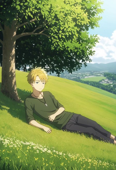 high resolution, professional photography, best quality, 1Boy, Yamato Ishida, blond hair, deep blue eyes, necklace, relax, nap, sleepy, meadow, hill, bush, grass, under a shady tree, gentle breeze, OverallDetail