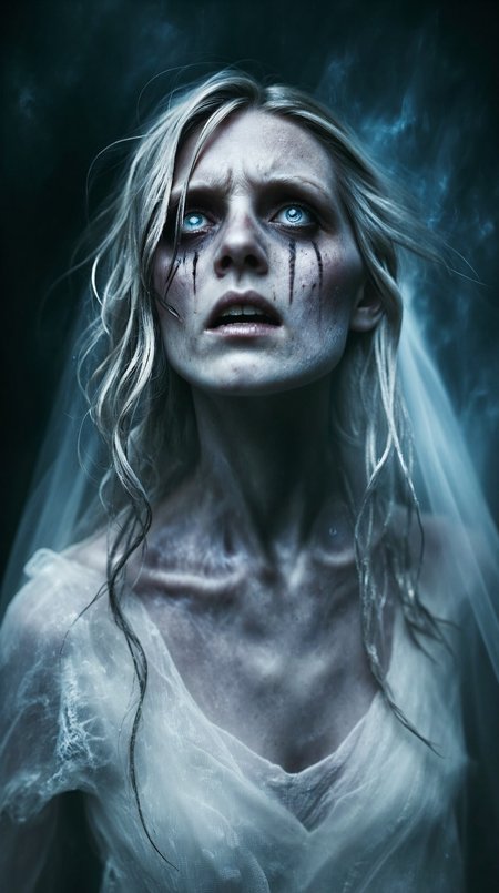 zavy-ghst, translucent figure, ethereal ghost, 

An extreme close-up portrait of a ghostly young bride, her pale, ethereal face bathed in an eerie, soft light. She tilts her head upward, her glowing blue eyes filled with sorrow, as thick, black tears stream down her cheeks, leaving dark, inky trails against her ashen, almost translucent skin. Her expression is one of utter despair, her slightly parted lips trembling as if caught in a silent wail of grief.

Her delicate wedding veil, tattered and frayed with age, drapes over her hair and shoulders, blending into the misty, blurred background. Wisps of her disheveled, silvery-white hair escape from beneath the fabric, moving slightly as if stirred by an invisible wind. The lighting is moody and cinematic, with a faint glow illuminating her features, creating a stark contrast between her haunting beauty and the dark tears of sorrow.

The background is intentionally obscured, fading into a ghostly haze of cold blues, grays, and deep shadows, reinforcing the supernatural and tragic atmosphere. The overall composition is intimate and unsettling, drawing the viewer into the raw, heartbreaking pain of this ethereal, weeping phantom bride.