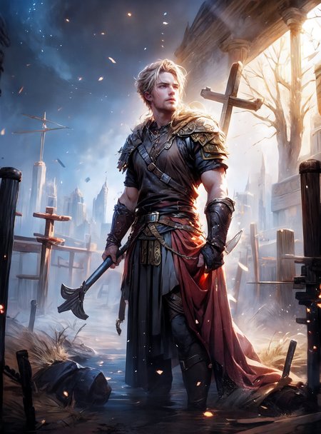 1man, Baldr, son of Odin and Frigga, is a god in Norse mythology associated with light, wisdom, and courage. He is best known for his dramatic death, which heralds the coming of RagnarÃ¶k.
<lora:add_detail:1>  <lora:åV5:0.8> <lora:Gloss_Tweaker_V2:1> <lora:å¹»å:0.8> <lora:muscle_slider_v1:1> <lora:Wasteland:1> Wasteland
