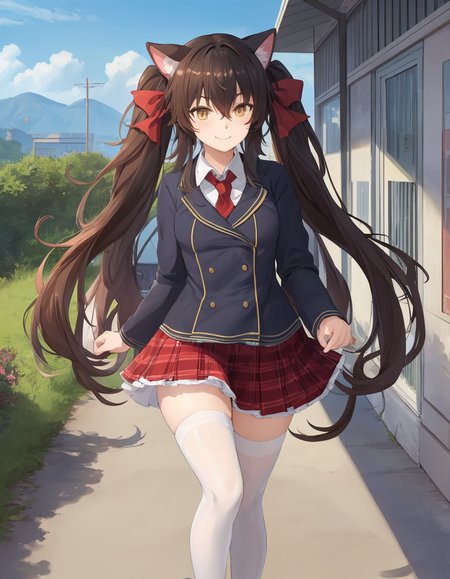(extremely detailed CG unity 8k wallpaper),(masterpiece), (best quality), (ultra-detailed), (best illustration),(best shadow), (sharp eyeliner, eyeshadow, detailed eyes:1.2), smiling, cowboy shot
,BREAK
(qbz97school:1.2), walking down hallway, school bag,  animal ears,
<lora:QBZ97:1>