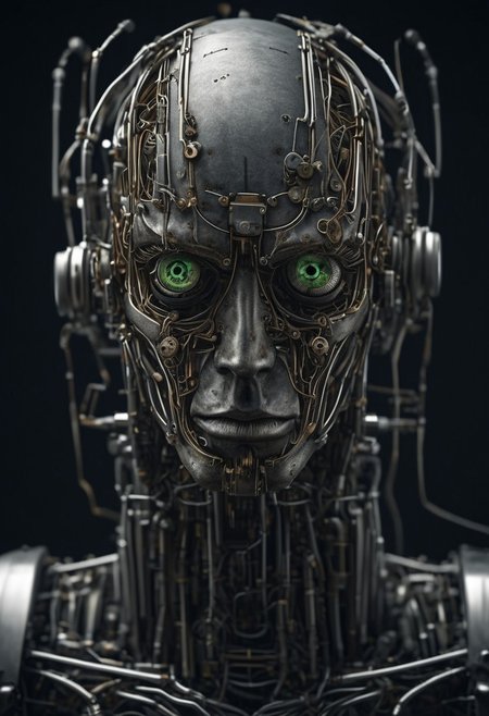 wired-cyborg. Portrait of a Robot like Knight made of wires, cables, half face made of technical parts, Piercing eyes, looking at viewer