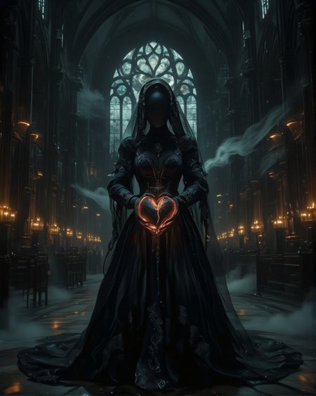 score_9, score_8_up, score_7_up, source_realistic, hyper-realistic details, ultra-HD textures, high quality v3, Midjourneyart, Dark Neon Fantasy, masterpiece.  
A black, faceless mannequin stands solemnly in the center of a vast, dark gothic cathedral. She wears an intricate black bridal widow dress with flowing layers of lace and silk, detailed with delicate embroidery and faded silver accents. A sheer black veil drapes over her smooth, featureless face, obscuring any hint of identity. Her hands, outstretched toward the viewer, present a fragile, ashy heart, its cracked surface crumbling slightly as if dissolving into dust.  
- The cathedral is grand and ominous, with towering stone pillars, high arched ceilings, and intricate stained glass windows casting faint beams of pale moonlight.  
- Rows of flickering candles line the aisles, their dim glow reflecting off the mannequin’s dark attire.  
- The air is heavy with mist, and floating dust particles catch the sparse light, adding to the eerie stillness of the scene.  
- Distant echoes of an unseen choir or whispering winds create a haunting sense of presence.  
- A melancholic and mysterious atmosphere, blending gothic romance with surrealism.  
- Hyper-detailed textures of lace, flowing fabric, and the delicate cracks in the ashy heart.  
- A striking contrast between deep shadows and faint highlights, enhancing the mannequin’s ghostly presence in the cathedral’s darkness.