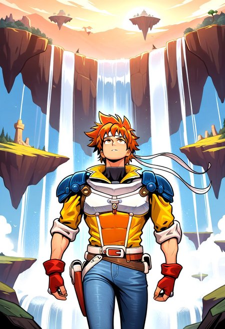 masterpiece, best quality, amazing quality, very aesthetic, absurdres, newest, 1boy, arthuffl3, toned male, brown-orange hair, long white headband, blue shoulder pads, white breastplate, yellow jacket, blue jeans, belt with holster, red fingerless gloves, red boots, floating island, waterfall, looking up, cowboy shot,