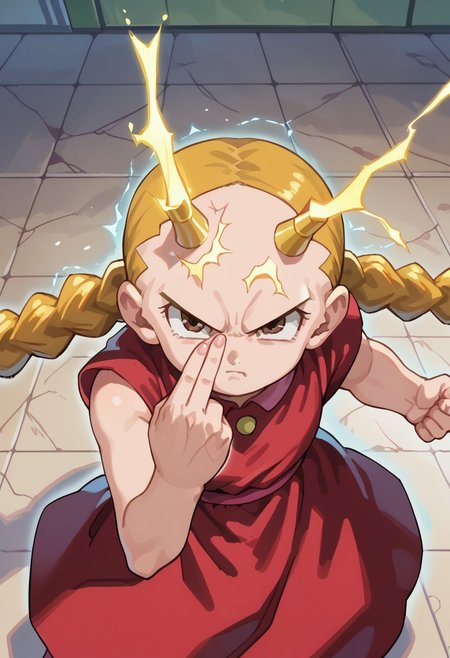 score_8, score_8_up, score_7_up, 1girl, female focus, solo,  Yai Ayanokoji, forehead, shiny forehead, twin braids, red dress, standing, looking at viewer, from above, looking up, annoyed, angry, indoors, tile floor, makankosappo charge, finger on forehead, energy on finger, electricity, aura, fighting stance