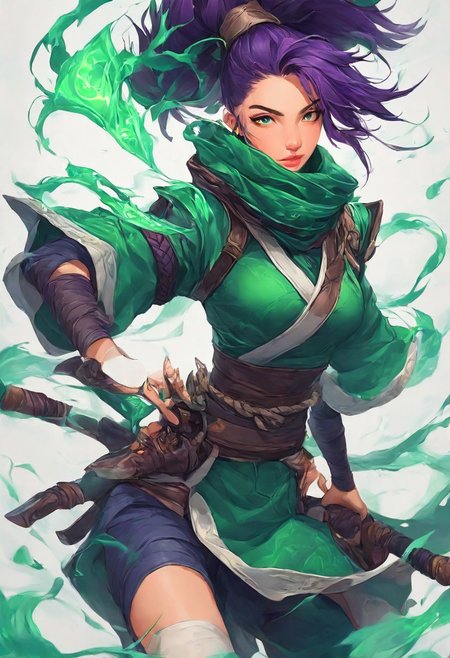 FF Style, masterpiece (quality), clean background, 1girl, green ninja outfit, akali (league of legends), holding weapons <lora:PaintingAnimeStyleIllustriousV1:0.75>