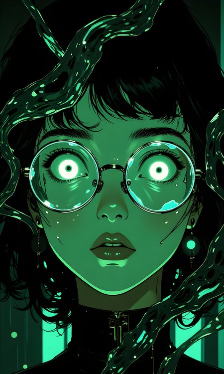 The image is a highly stylized and surreal portrait of a woman's face. The color palette is dominated by shades of green and blue, creating a cool and otherworldly atmosphere. The woman is wearing large, round glasses with thick frames that reflect light in a way that adds to the ethereal quality of the image. Her eyes are wide open, with a piercing gaze that seems to look directly at the viewer.
The camera appears to be positioned close to the subject, capturing her face in a detailed close-up shot. The lighting is dramatic, with strong contrasts between light and shadow. The light seems to be coming from above, casting shadows that accentuate the contours of her face and the details of her glasses. The overall effect is one of mystery and intrigue, as if the woman is emerging from the darkness.
The background is dark and indistinct, with no distinct features or objects. This lack of detail helps to keep the focus on the woman's face and the intricate details of her glasses. The dark background also adds to the sense of depth and dimension in the image.
The composition centers the woman's face in the frame, with the lines of her hair and the direction of her gaze leading the viewer's eye towards the center of the image. The use of color and line creates a sense of movement and energy, making the image feel dynamic and alive. The overall effect is both striking and haunting, evoking a range of emotions in the viewer.
BREAK anime, d13s3lp2nk, bboil artist style, OBdonman, Anime art, <lora:FLUX\Anime Art V3:0.2>, <lora:FLUX\Synesthesia:0.2>, <lora:FLUX\RetroAnimeS1.1:0.5>, <lora:FLUX\Flux-jijia:0.1>, <lora:FLUX\It's a LoRA for portraits, BUT! actually specialized in backgrounds. v1.0:0.1>, <lora:FLUX\GLSHS:0.2>, <lora:FLUX\Dieselpunk Delight - s0_9 g4:0.4>, <lora:FLUX\OBdonman, anime0style portrait:0.1>