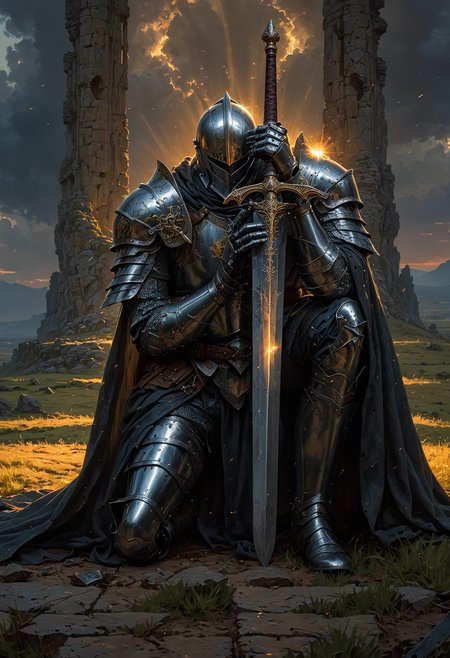 A courageous knight, in the final throes of his life, rests on his sword in a field as the sun sets, his eyes fixed on a distant cliff. His battle-worn armor is blemished and corroded, his once gleaming sword now worn from combat. This breathtaking tableau, likely a painting, captures the melancholy beauty of the scene. The knight's posture exudes valor and resignation, while the fading light and rugged landscape create a poignant backdrop. The artist's skill in portraying the knight's struggle and the fleeting nature of life is evident in every brushstroke.
OverallDetailXL <lora:SDXLFaeTastic2400:0.4> <lora:DetailMaximizer:0.55> detailmaximizer