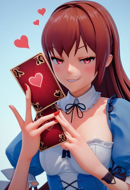 score_9, score_8_up, score_7_up, 1girl, alice in wonderland style, blue dress, detached collar, Queen of Hearts, holding card, smug grin, 3d \(artwork\), Ami Arakawa