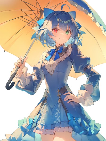 1girl, 
solo, closed mouth, juliet sleeves, short hair, adapted costume, blue bow, umbrella, frills, puffy sleeves, frilled dress, hair bow, smile, white background, dress, blue dress, cowboy shot, heterochromia, long sleeves, looking at viewer, red eyes, karakasa obake, green eyes, standing, blue hair, bow, hand on own hip, ahoge, blue eyes, simple background, blush, 
masterpiece, best quality,  safe
 <lora:mki-ani31-blackmeow-v1-000120:1>