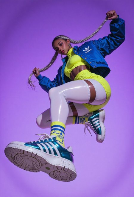8K, Canon EOS R5, 24mm f/1.4L lens, ISO 100, ultra high-resolution, extreme low-angle fashion photograph. A young woman with a slim-yet-busty build floats midair in a vibrant urban streetwear ensemble, her pose dynamic and energetic as she grips her long, twin silver braids stretched outward. She wears a cobalt blue cropped bomber jacket with short sleeves layered over a tight lemon-yellow ribbed crop top that reveals her defined waist and prominent bossoms. Her high-rise mini skirt in neon green hugs her hips and contrasts with thigh-high, glossy white stockings. On her feet: oversized, white Adidas Superstars with thick soles and metallic teal stripes, one sneaker dramatically tilted toward the camera, displaying tread detail and bold design. Background: a smooth gradient of electric lavender fading to deep indigo, creating a striking modern contrast. The composition captures stylized motion and attitude with reflective surfaces, crisp shadows, and vibrant fashion energy. Mood: bold, youthful confidence.