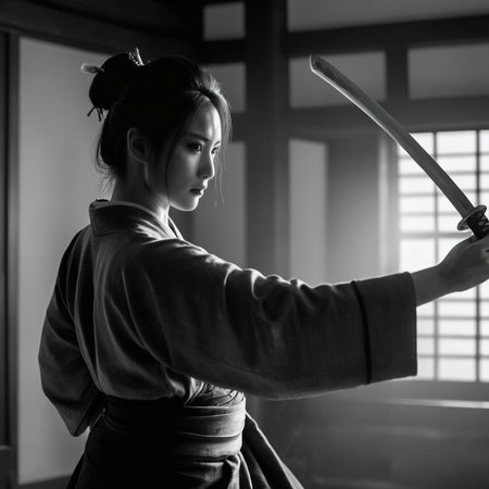 cinematic film still of  <lora:female samurai style v2:1>
medium shot, black and white photo, an epic cinematic photo of a woman in a black grey kimono drawing a Katana sword out of a scabbard saya, while staring with a dreadful look to the camera, in a dark room, with dramatic light on, female samurai style, shallow depth of field, vignette, highly detailed, high budget, bokeh, cinemascope, moody, epic, gorgeous, film grain, grainy