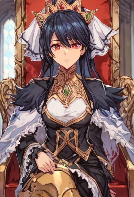 score_9, score_8_up, score_7_up, score_6_up, score_5_up, score_4_up, detailed, intricate details, source_anime, , (best quality) , (highly detailed) ,((masterpiece)), ((best quality)), (ultra-detailed), ((extremely detailed)), (high resolution), 4K, (8K), best quality, (beautiful), (dynamic lighting), (super detailed skin), sharp focus, (1_girl, solo focus), score_9,score_8_up,score_7_up,anime coloring BREAK source_anime,anime, theresia (hortensia saga),  long hair, hair between eyes, black hair, red eyes, sidelocks,  , ponytail, hair ribbon, Crown, veil, spiked collar, black dress, sitting, bored, indoors, throne, royal throne,
 detailed eyes、detailed face and detailed skin <lora:add-detail-xl:1.0>