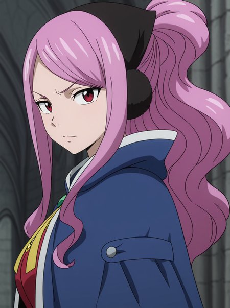 masterpiece, best quality, amazing quality, very aesthetic, absurdres, newest,shiny skin,  anime screenshot,  anime coloring   <lora:MeredyFT:1>1girl, pink hair, solo, meredyoutfit2  , looking at viewer, cape serious, upper body, from side