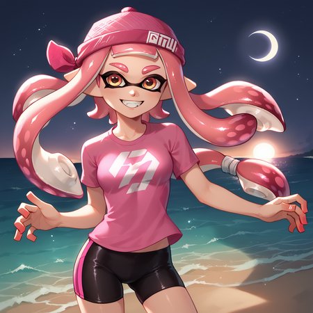score_9_up,score_8_up,1girl,solo,ocean,beach,splatoon inkling,pink tentacle hair,amazing composition,incredible lighting,smiling,detailed background,<lora:SplatoonInkling_PD_v030:1>,pink shirt,<lora:Smooth Anime 2 Style SDXL_LoRA_Pony Diffusion V6 XL:1>,spandex shorts,spandex shirt,pose,abstract,<lora:GlitterStyle_pony:0.5>,glitterstyle,moonlight,night,