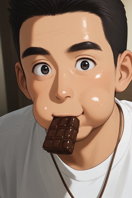 realistic shading, natural lighting, food theme, chocolate mark on mouth, eating, male focus, looking at viewer, expressive face, minodaoi, black_minodaoi_short hair, black_minodaoi_eyes, old man, 1boy, surprised, wide-eyed, puffed cheeks, cute face, shiny skin, wealthy clothes, necklace, shirt, dutch angle, dynamic angle, intricately detailed illustration, depth of field, masterpiece, best quality, amazing quality, very aesthetic, absurdres, newest