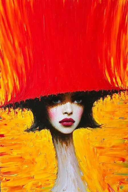 talo1 painting.
This is a vibrant, abstract expressionist painting featuring a stylized portrait. The artwork is dominated by a vivid, bold red color at the top, which forms a striking, abstract background. The red color stretches across the entire top half of the canvas, creating a dramatic, almost surreal effect. 
The subject, a woman, is depicted in the lower half of the painting.
 <lora:talo1_cap_d6a3e15:1.0><lora:828747449381258059:0>