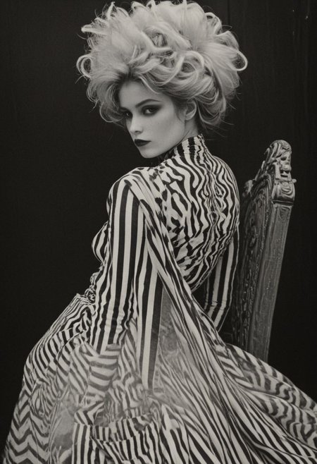 bw-grignani, emphasis lines, horizontal perfect bold lines, perfect align lines, Capture the enigma: A woman sits regally on a lavish throne, her arms casually draped over its ornate arms. Adorned in a white plaster skull mask and a black-and-white striped nylon leotard, paired with over-the-knee striped stockings, she exudes a captivating contrast. Her ensemble is completed with towering white modern heels and a trailing black tulle train. Amidst the opulent surroundings of a Neo Rococo-inspired room, she embodies a fusion of mystery and elegance.. with endless lines guiding the eye.
., atmospheric haze, Film grain, cinematic film still, shallow depth of field, highly detailed, high budget, cinemascope, moody, epic, OverallDetail, 2000s vintage RAW photo, photorealistic, candid camera, color graded cinematic, eye catchlights, atmospheric lighting, imperfections, natural, shallow dof