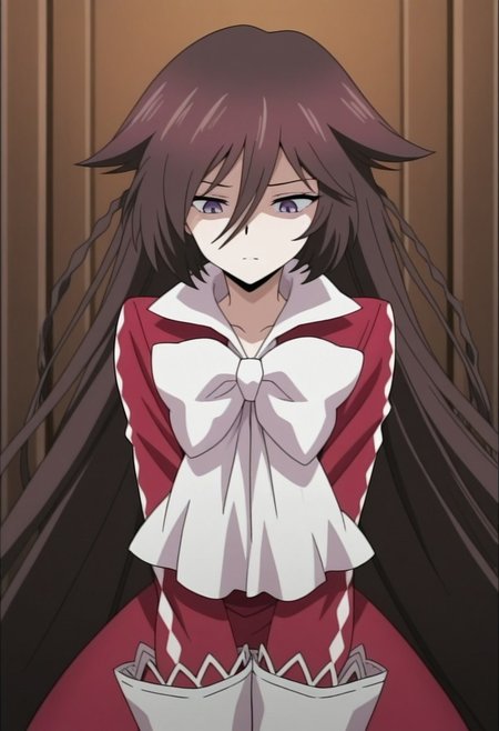 masterpiece,best quality,amazing quality, source_anime, 
PHalic, 1girl, solo, purple eyes, brown hair, very long hair, braid, dress, red dress, bow, white bow,