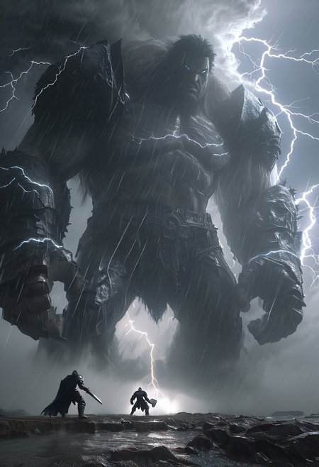 A cinematic shot of a thunderstorm with the Colossus of Stormcliff looming over the hero. The ground trembles with each step of the titan, who wields a massive hammer. Lightning courses through the giant's veins and illuminates the hero, a quick rogue, as he dodges through the torrential rain and lightning. The storm and the titan's fury fuse together as the final blow looms, Bosstyle<lora:CyberRealistic_Negative-neg:1>  <lora:detailed_notrigger:1>  <lora:XL_boss_battle:1>