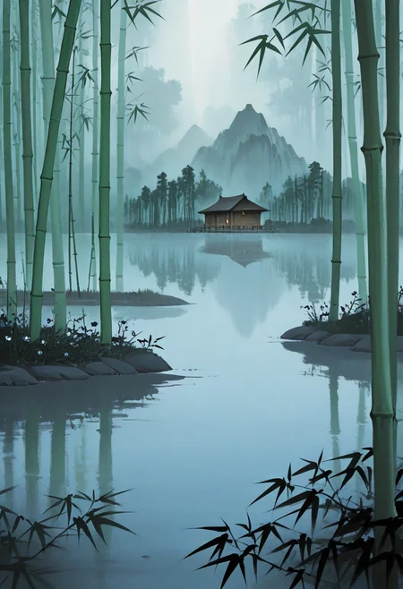 no humans, flower, lake, cabin, sunlight, tree, bamboo forest, smoke, fog, mountainous horizon,
BREAK
<lora:Ink_wash_painting_style_from_Doubao_AI_v1:1> dbiwpstyle, minimalism,
BREAK
best quality, masterpiece, very aesthetic, absurdres, highest detailed, very awa, simple background,