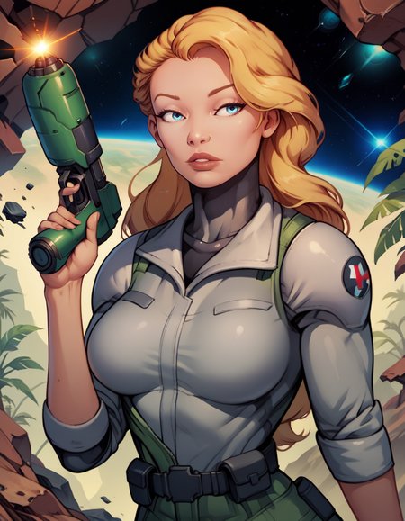 score_9, score_8_up, score_7_up,score_6_up, score_5_up, score_4_up ,
1girl, solo,
large breasts,
beatricewdg,
long hair, blonde hair, blue eyes,
parted lips,
holding energy gun,  
jungle,  science fiction,   debris, space, 
 <lora:BWankmeister PXL v01-000002:1>