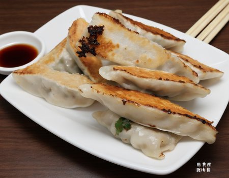 A delectable presentation of gote (dumplings) beautifully arranged on a plate. The gote are golden brown, freshly cooked with visible pleats, and garnished with herbs or a dipping sauce. The plate is set on a table with elegant tableware, perhaps with chopsticks or a traditional serving spoon. The scene should be as vivid and appetizing as a high-resolution photograph in a gourmet magazine, with warm and inviting lighting that emphasizes the texture and color of the gote , the shine of the sauce, and the elegance of the presentation, <lora:GT:0.75>,